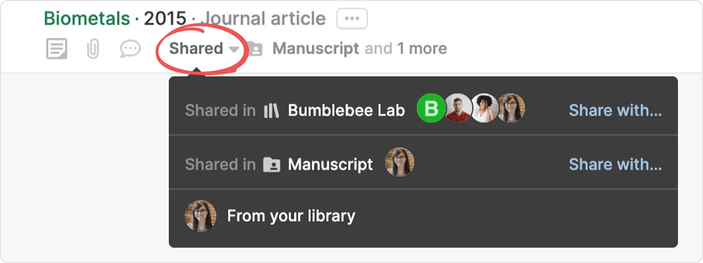 The circled Shared button opens a menu listing where the reference is shared — the Bumblebee Lab shared library and the Manuscript folder, each with member avatars and a “Share with…” link — plus a “From your library” entry.